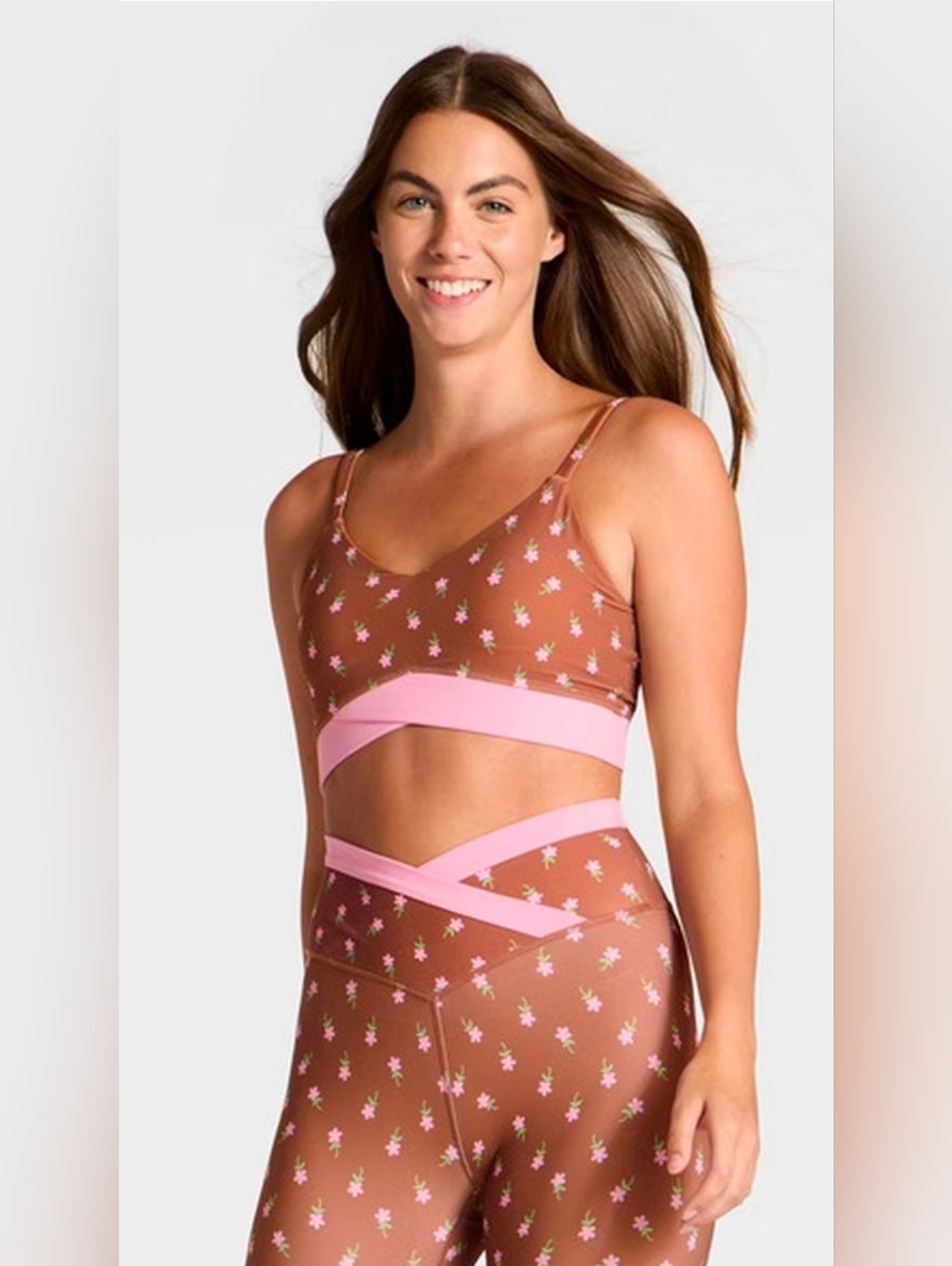 JoyLab Fitness Set Brown With Pink Flowers XS